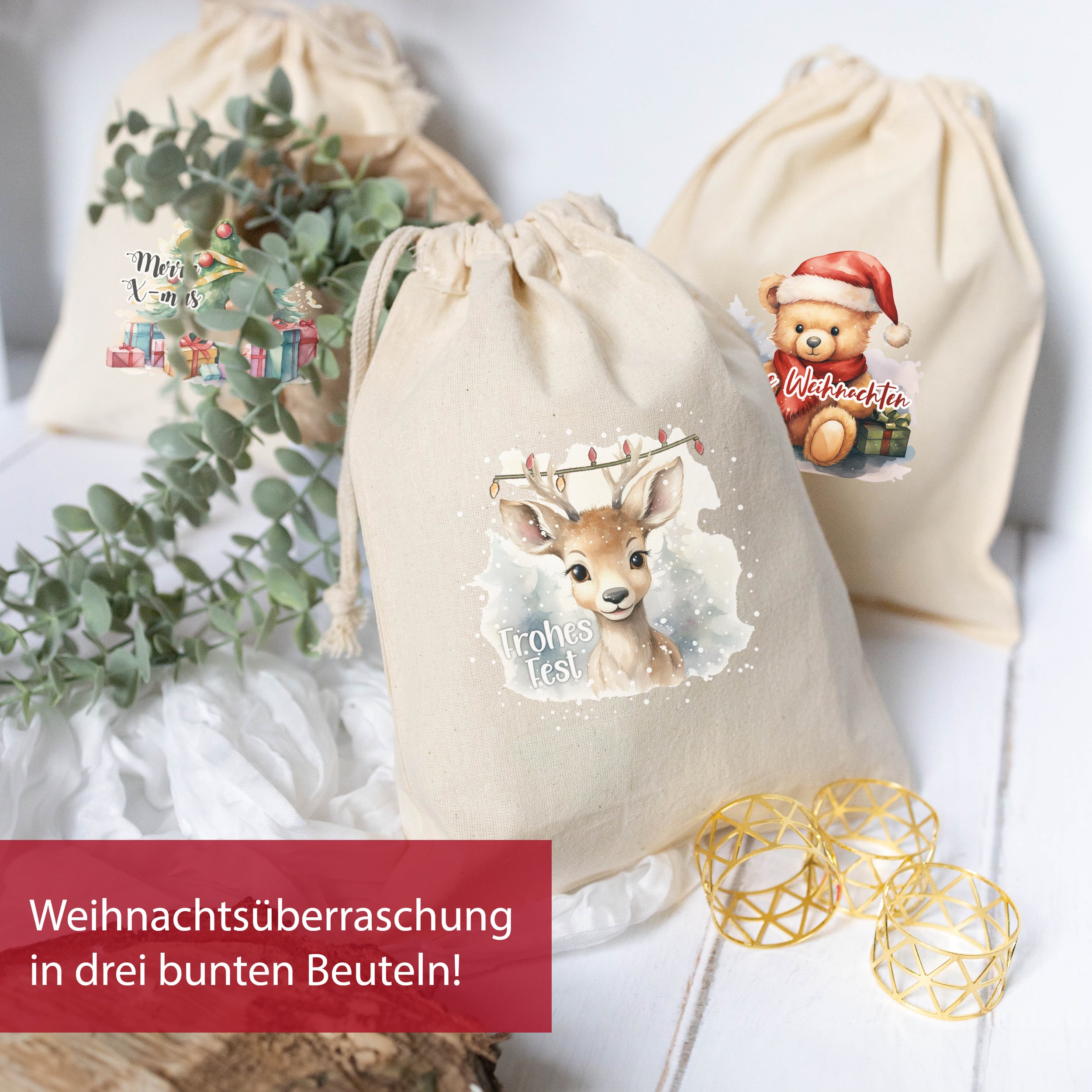 Weihnachtsbeutel Baumwolle Bunt 3er Set