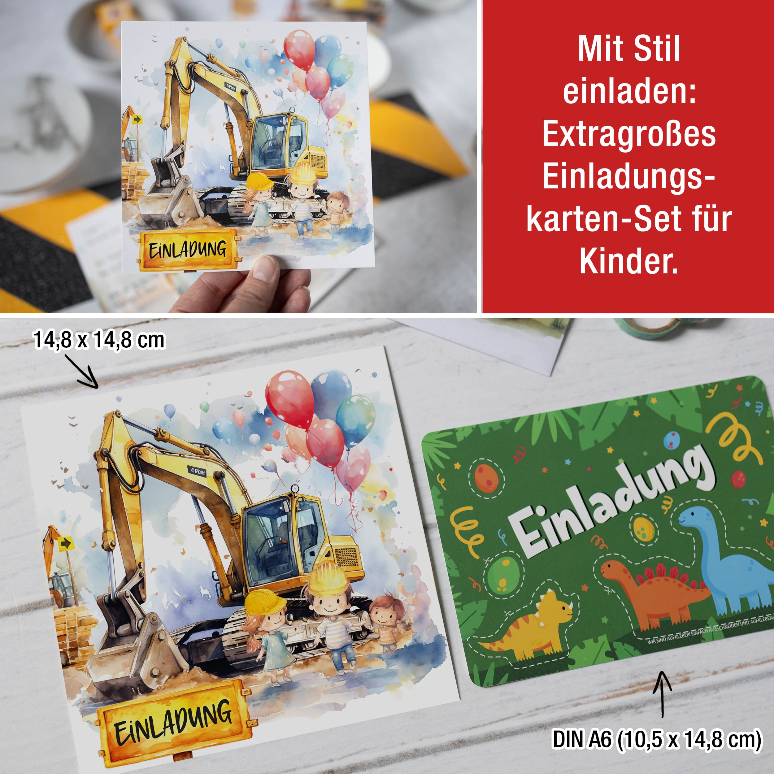 Einladungskarten Bagger inkl. Sticker 10er Set XXL Bagger Einladungskarten für Kindergeburtstag