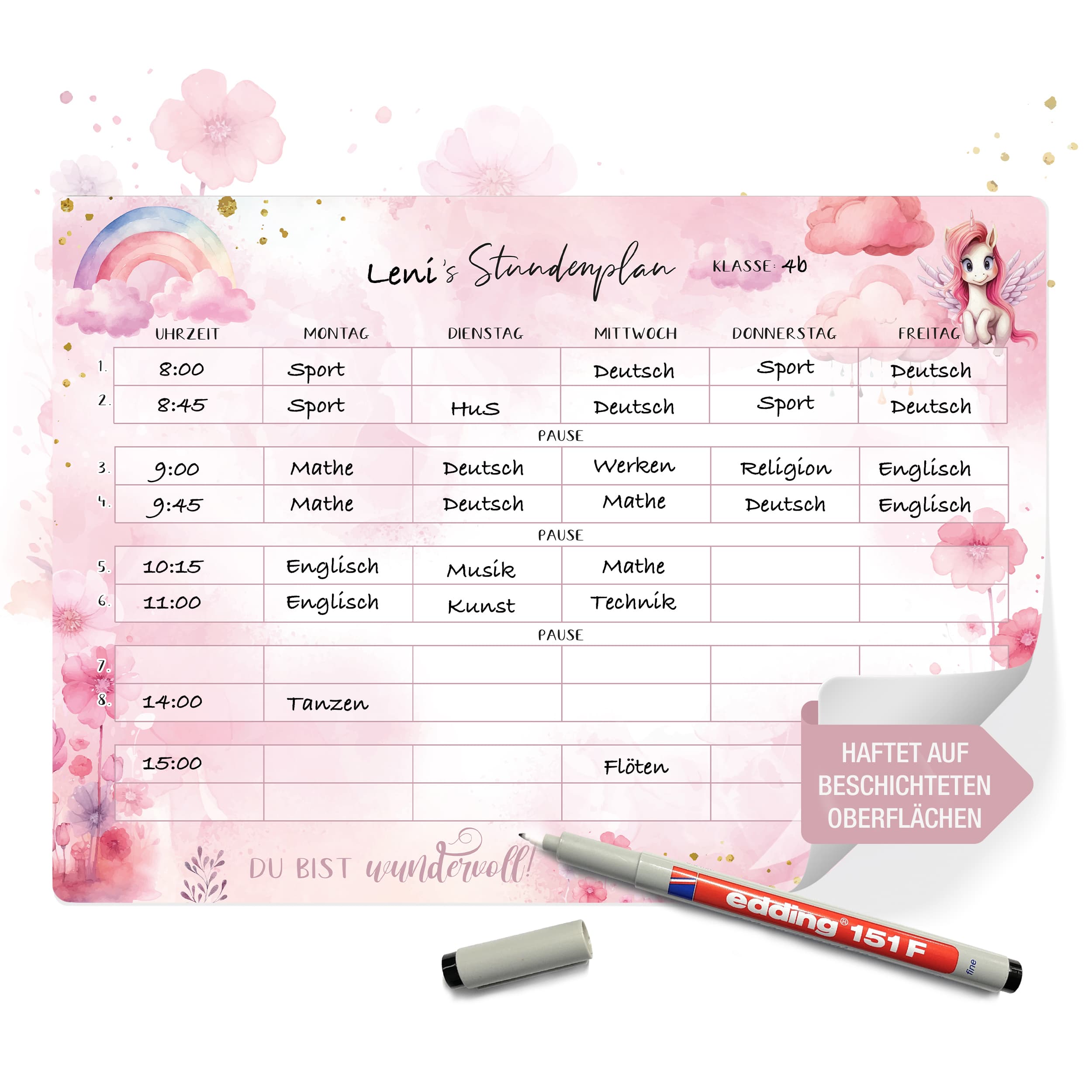 Stundenplan Unicorn +Stift - klebt überall, nass abwischbar!