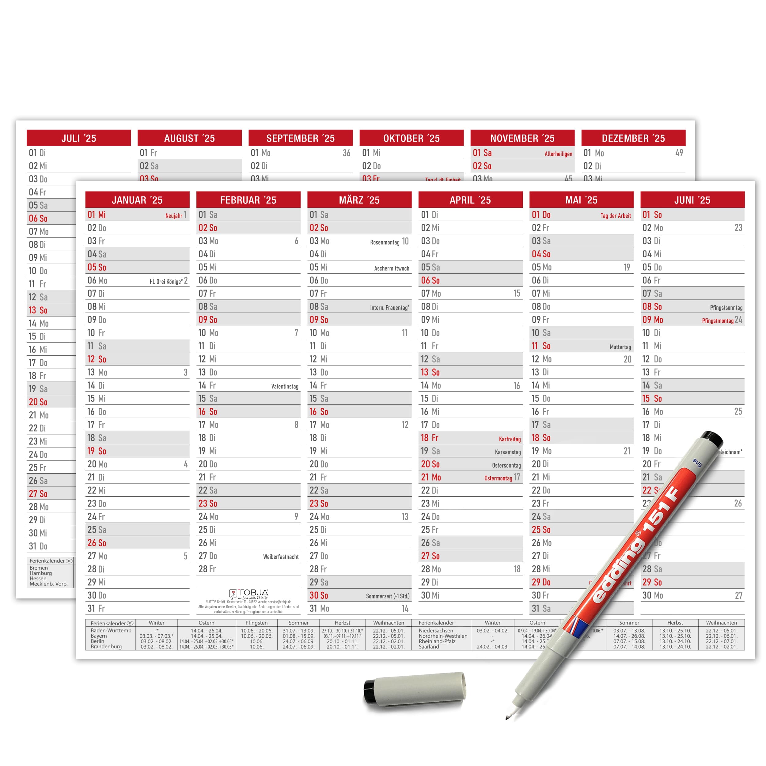 Abwischbarer A4 Tafelkalender 2025 "Rot" 