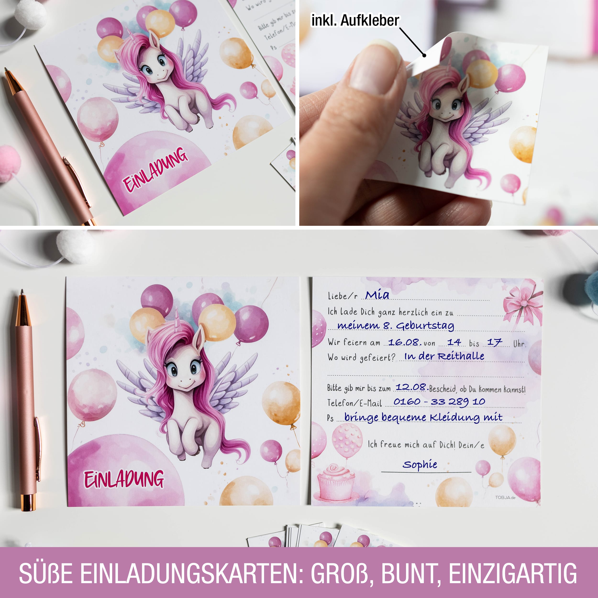 XXL Einhorn Einladungskarten für Kindergeburtstag