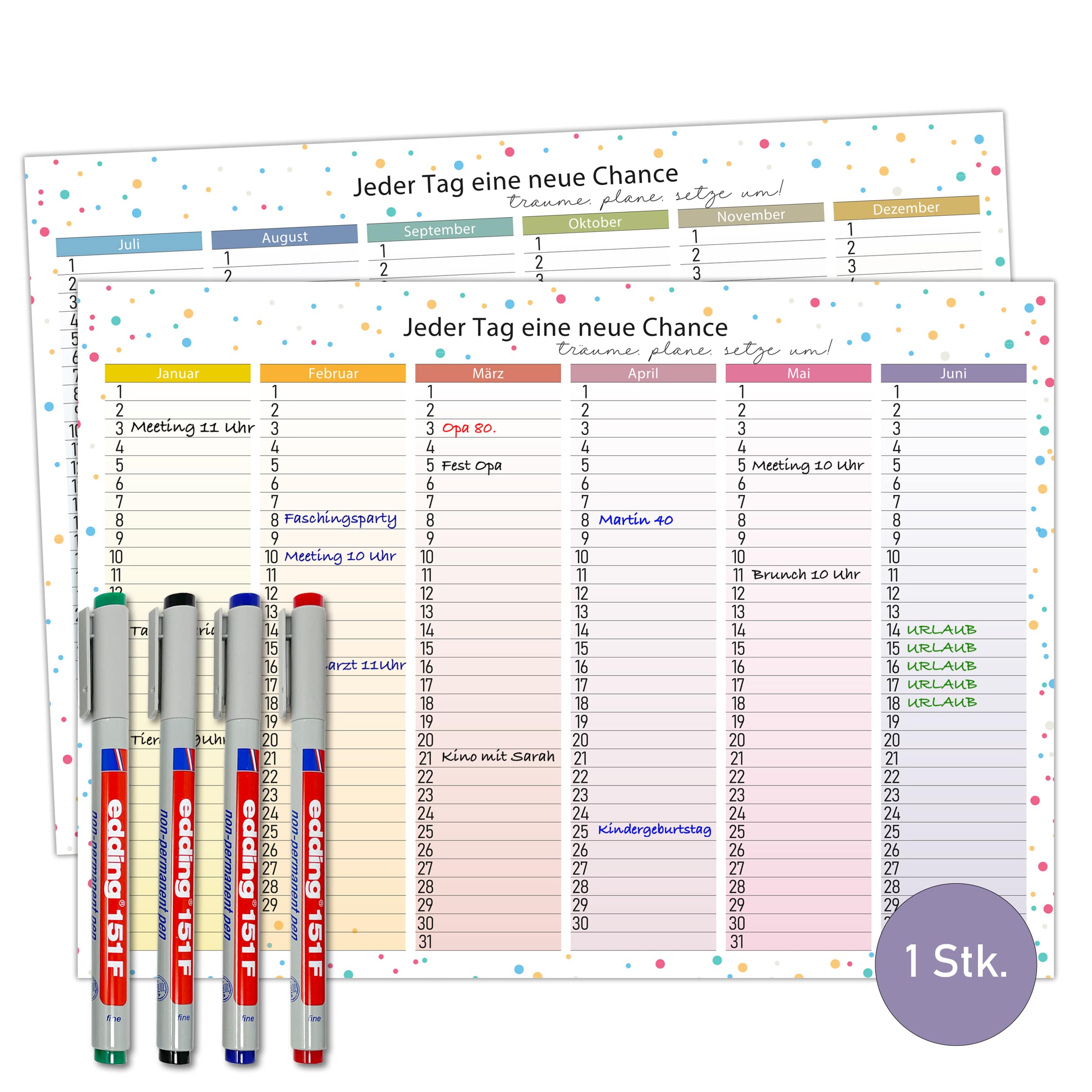 Immerwährend Kalender A4 "bunt" abwischbar