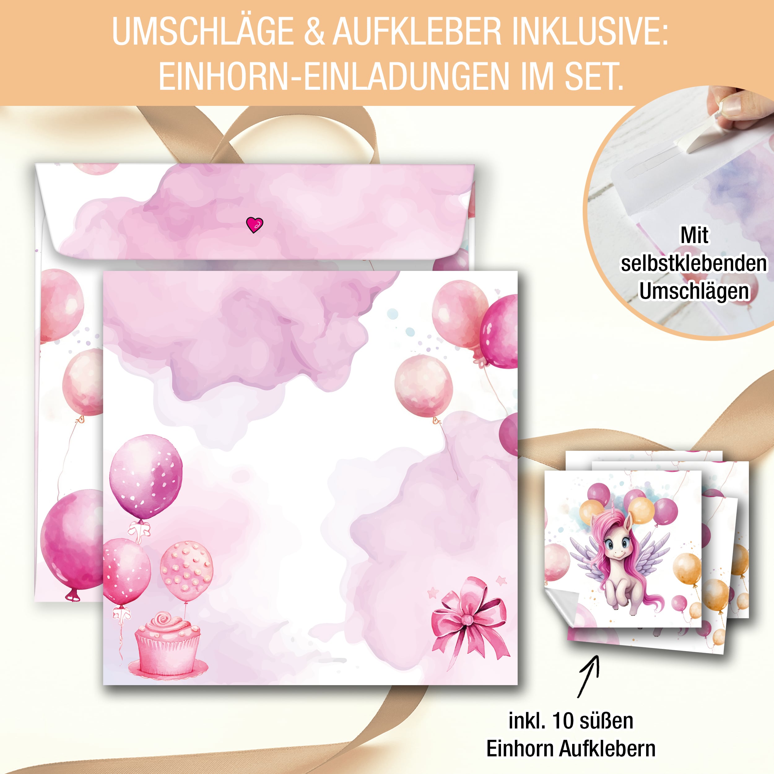 Einladungskarten Einhorn inkl. Sticker 10er Set