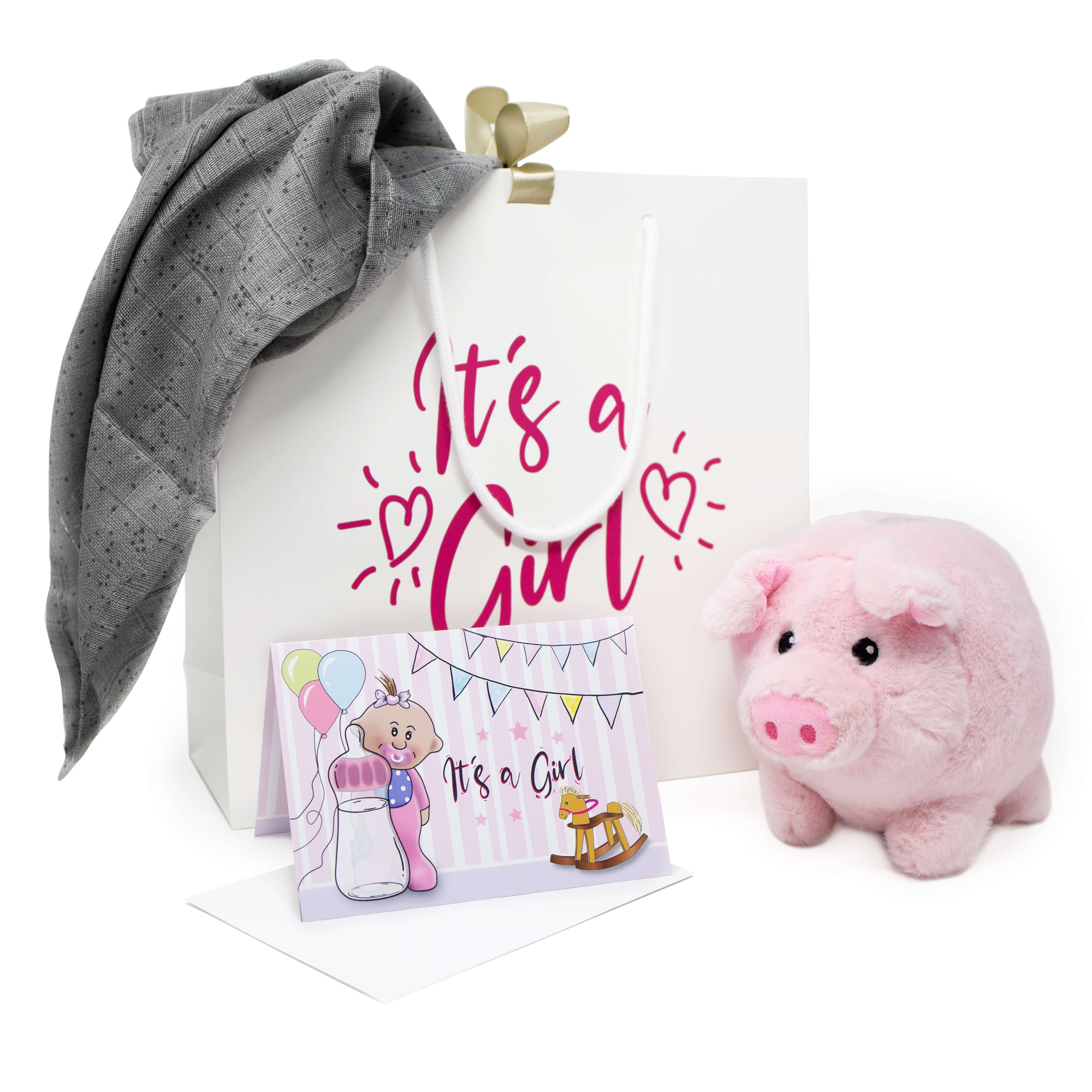 Geschenkset Geburt Mädchen - Plüsch Sparschwein, Karte, Mulltuch und hochwertige Tasche