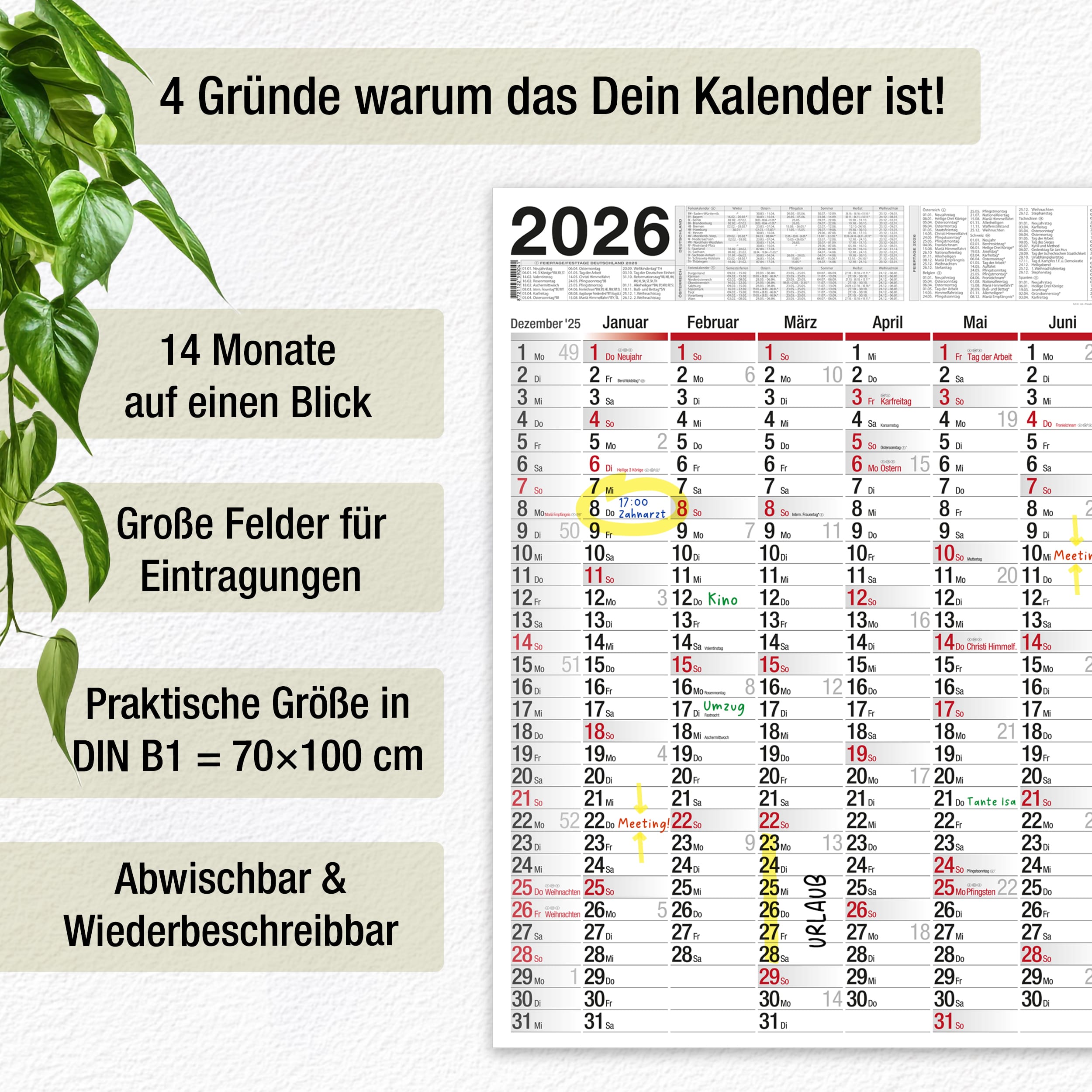 Wandkalender 2026 "Big Planer" [abwischbar] Kalender + 4 Stifte