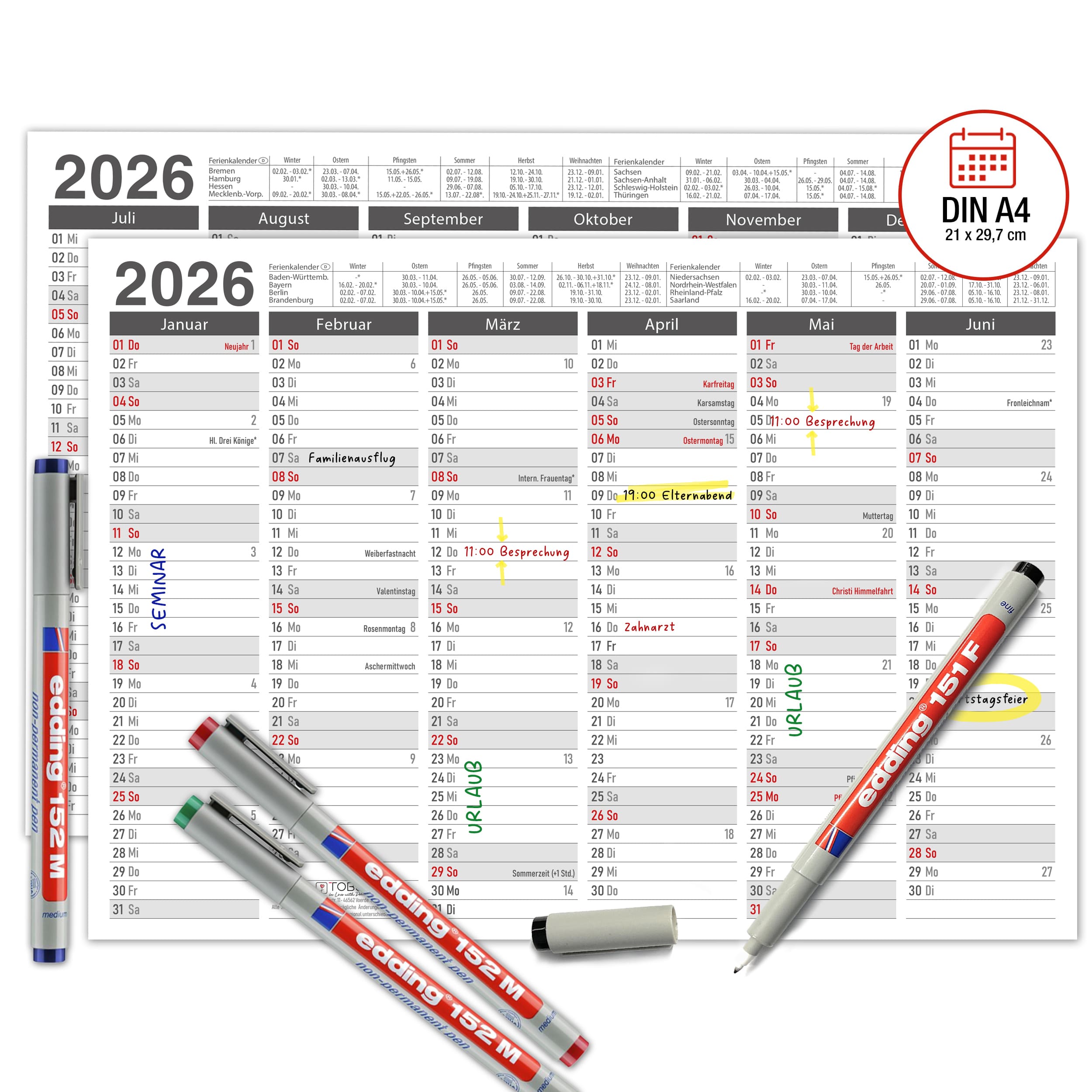 Abwischbarer A4 Tafelkalender 2026 "Grau"  Kalender inkl 4 Stifte