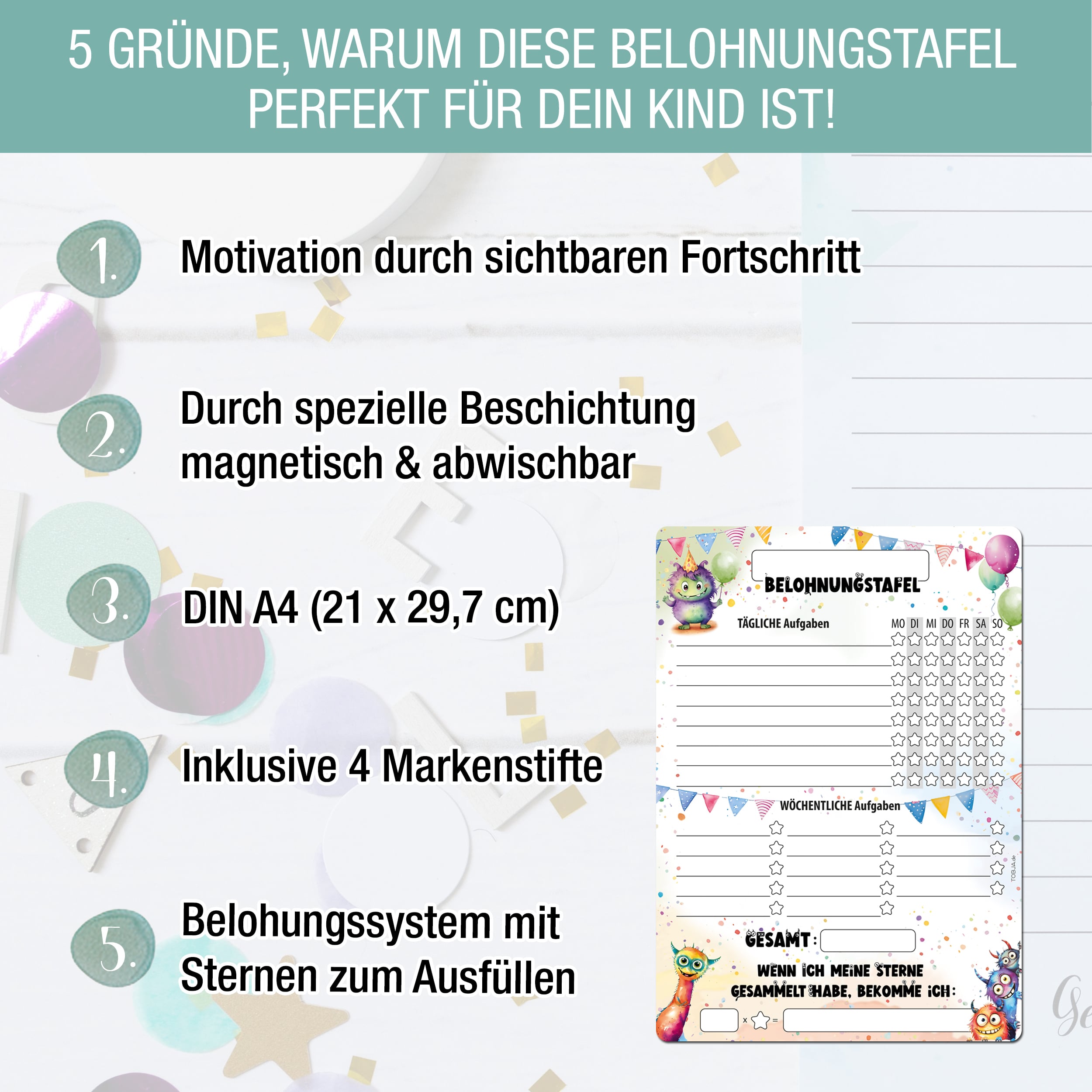 Belohnungstafel A4 magnetisch Monster + 4 Markenstifte