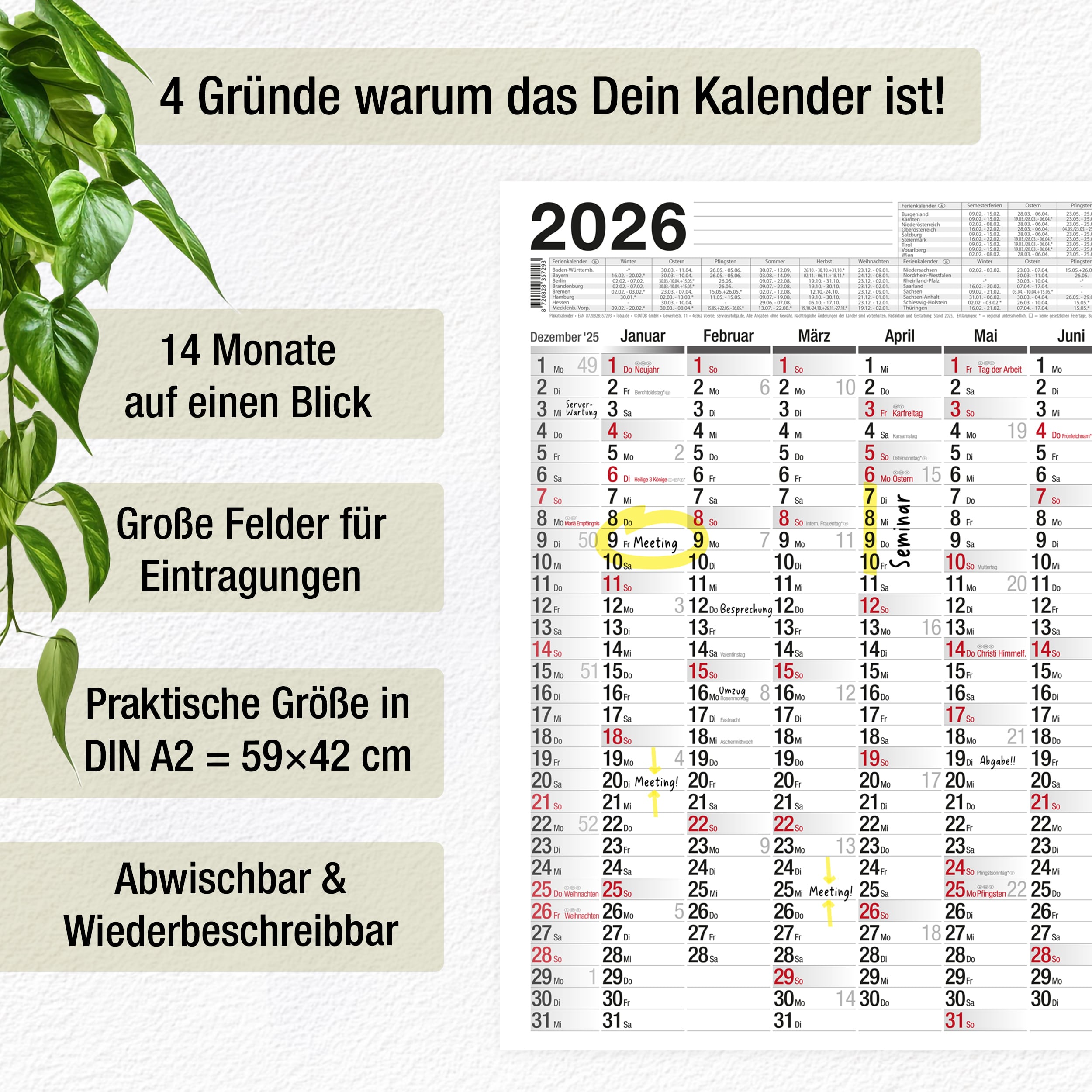 Abwischbarer Wandkalender 2025 A2 inkl. 1 Markenstift Abwischbarer Wandkalender 2026 A2 inkl. 1 Markenstift