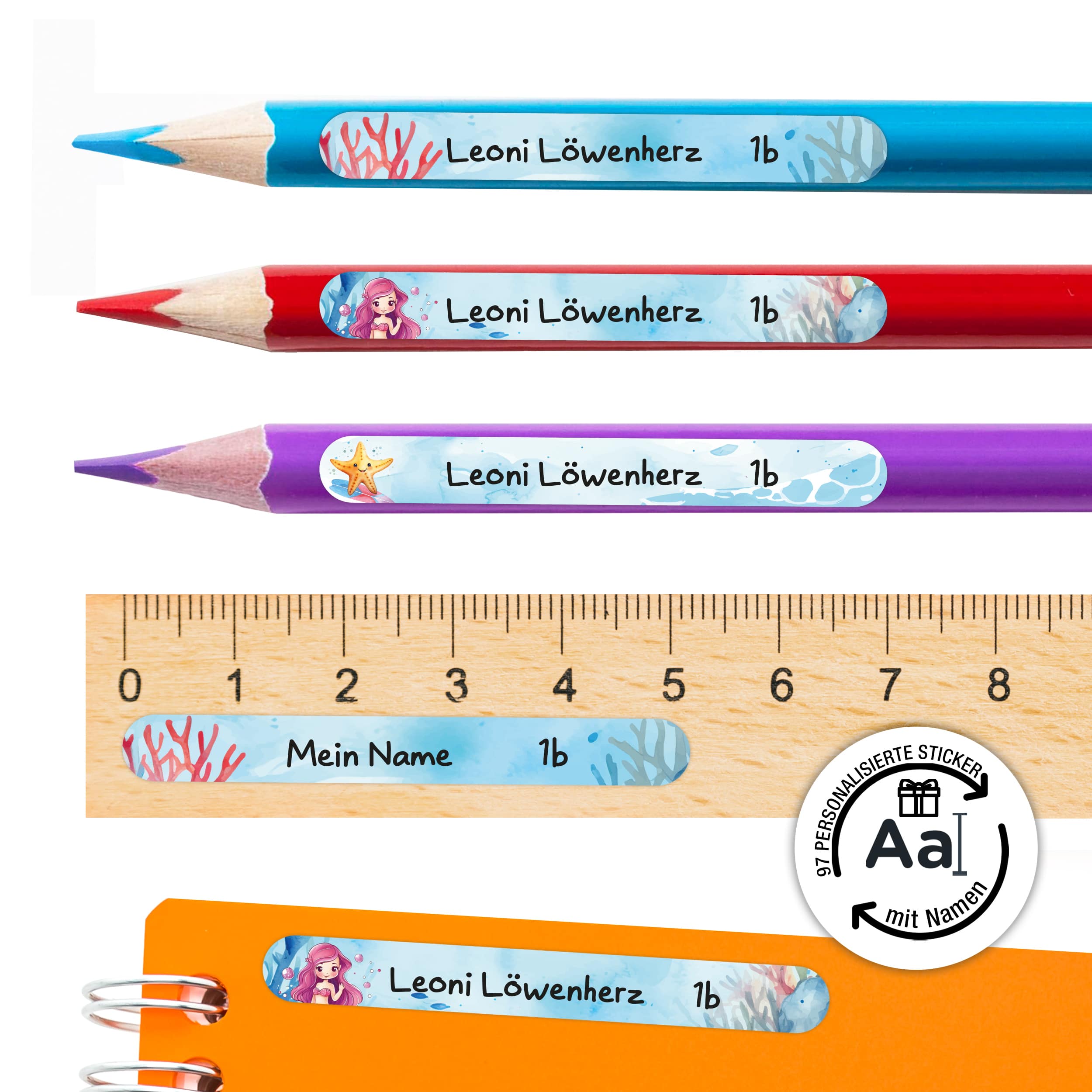 Namensaufkleber für Stifte, personalisiert Meerjungfrau