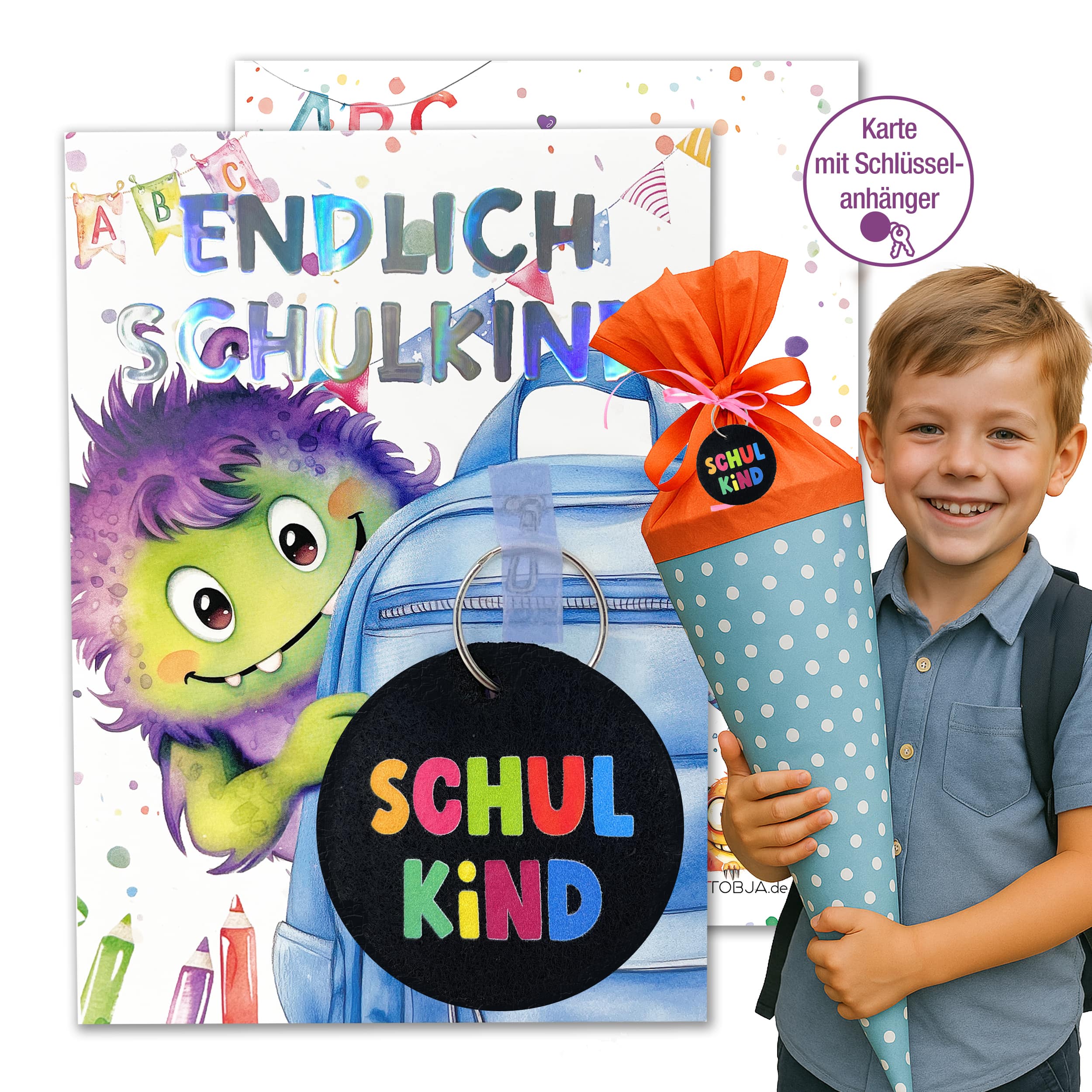 A6 Karte Glückwunsch Einschulung Monster + Anhänger Ohne Name