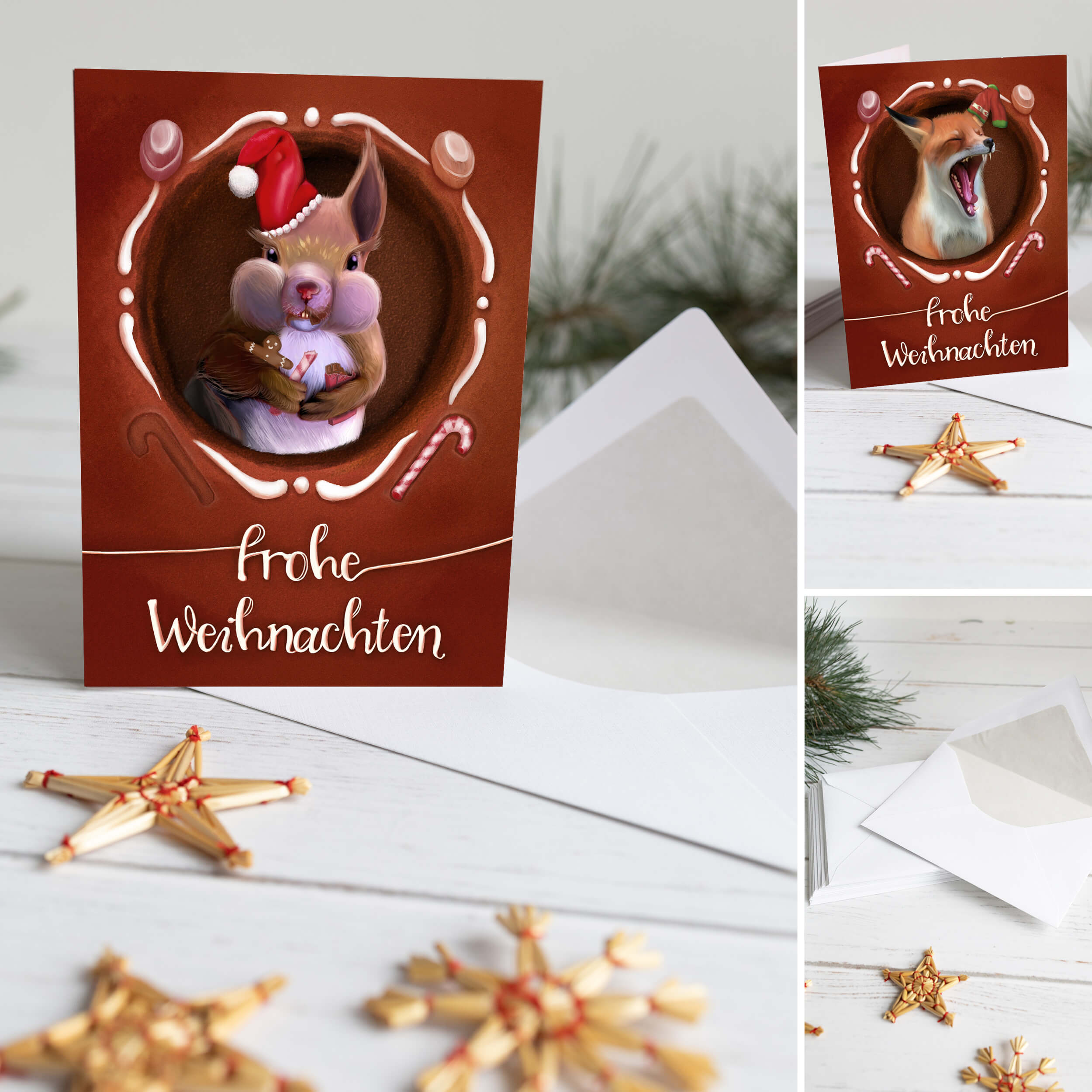 Weihnachtskarten "Tiere im Lebkuchenhaus"