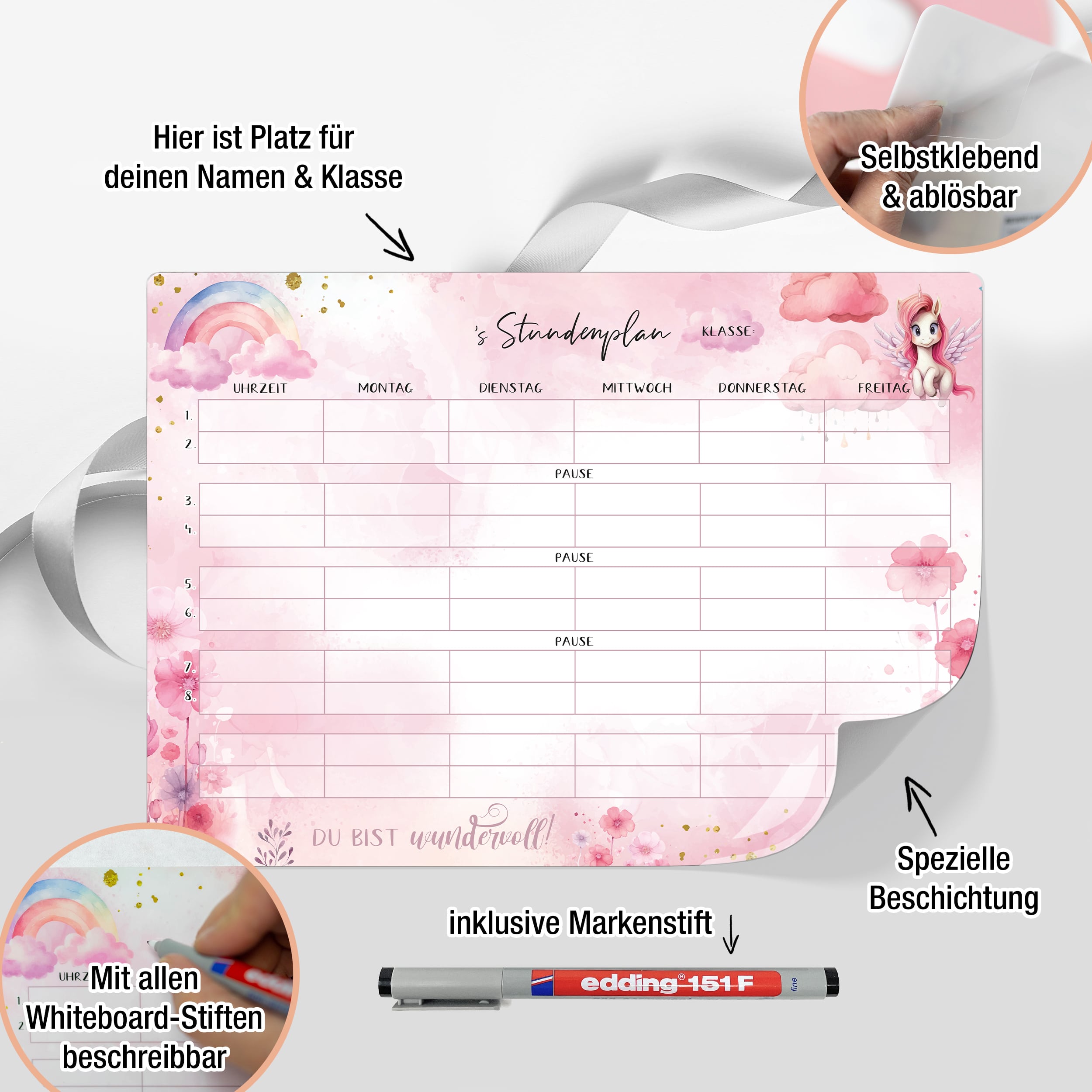 Stundenplan Unicorn +Stift - klebt überall, nass abwischbar! Stundenplan Unicorn +Stift - klebt überall, nass abwischbar!