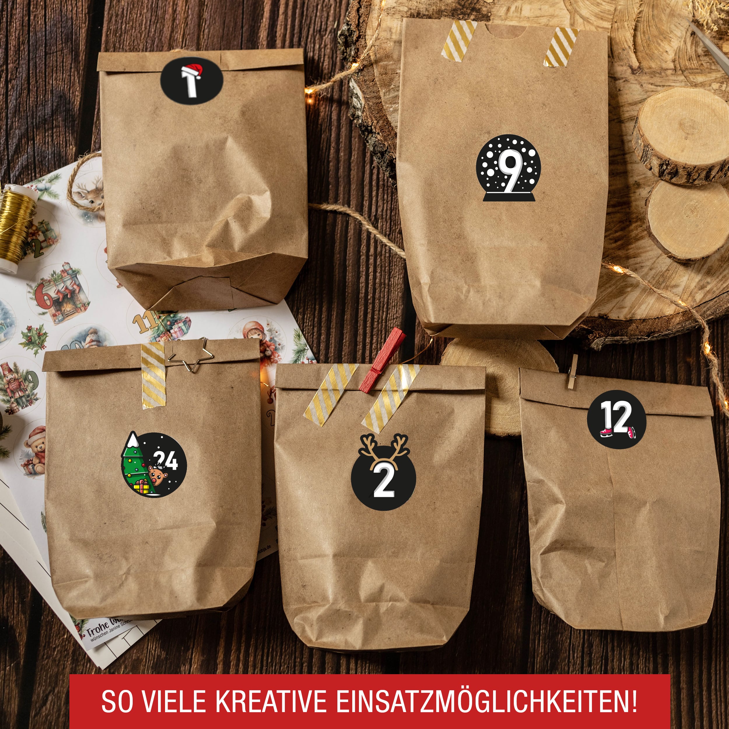 Adventskalender mit 24 Aufkleber schwarz-bunt