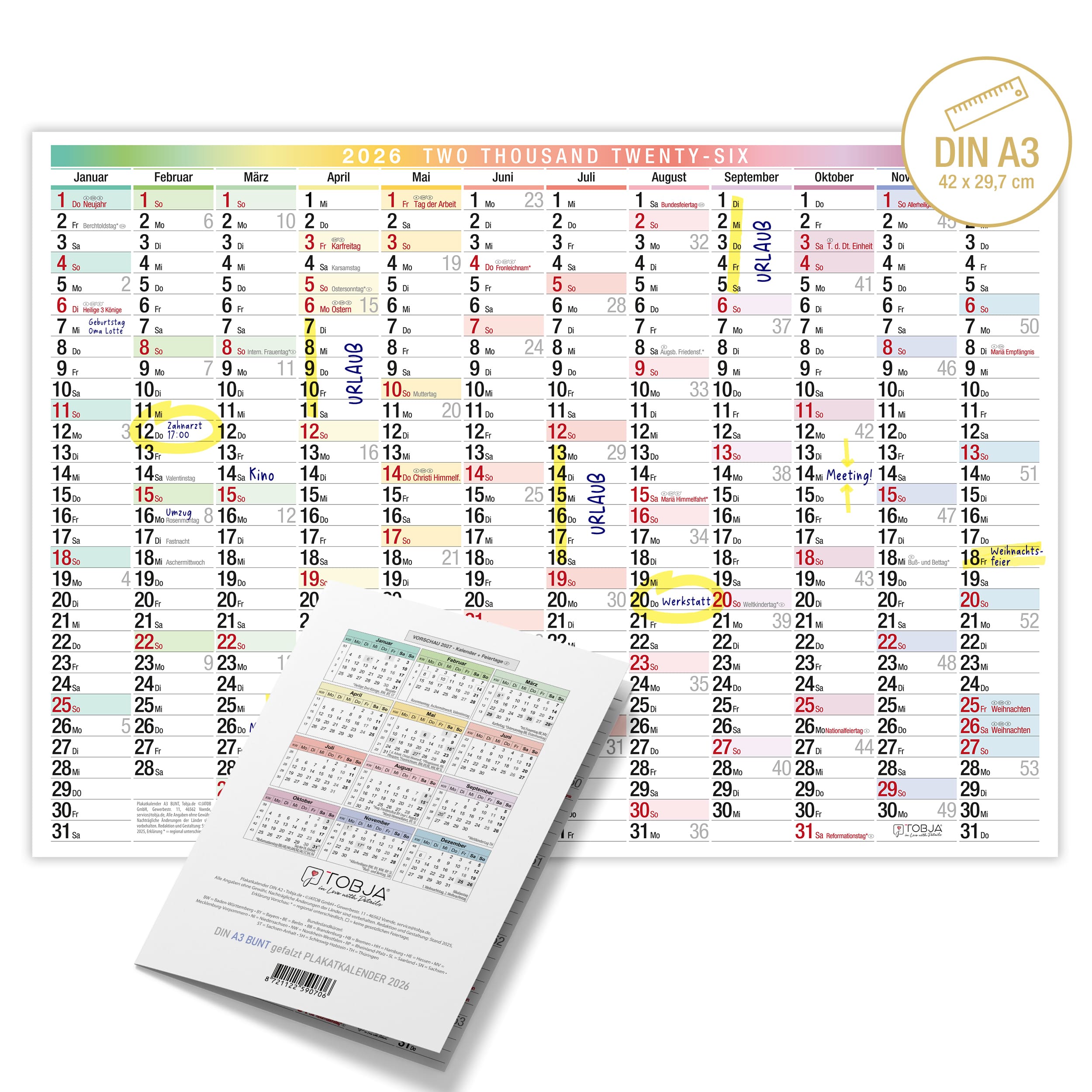 Wandkalender A3 2026 "bunt"