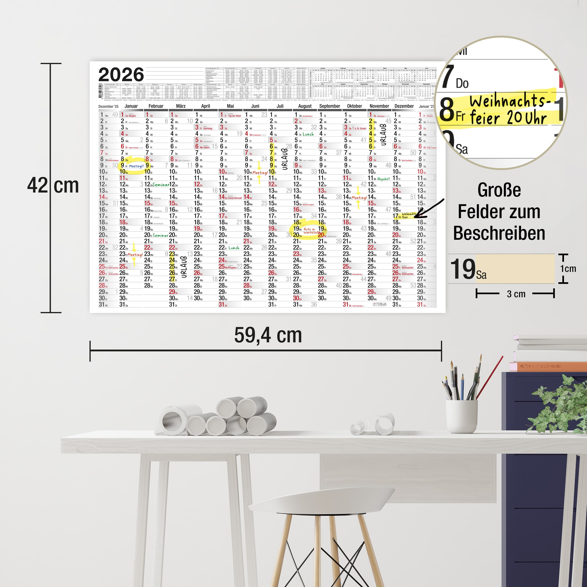 Abwischbarer Wandkalender 2026 A2 inkl. 4 Markenstifte