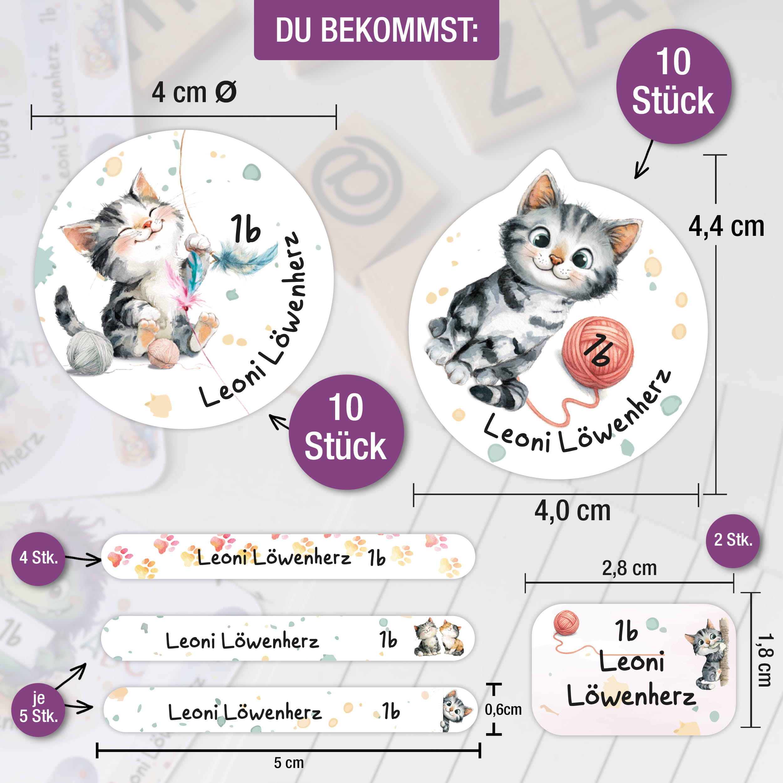 Namensaufkleber Kinder Schule personalisiert Katze