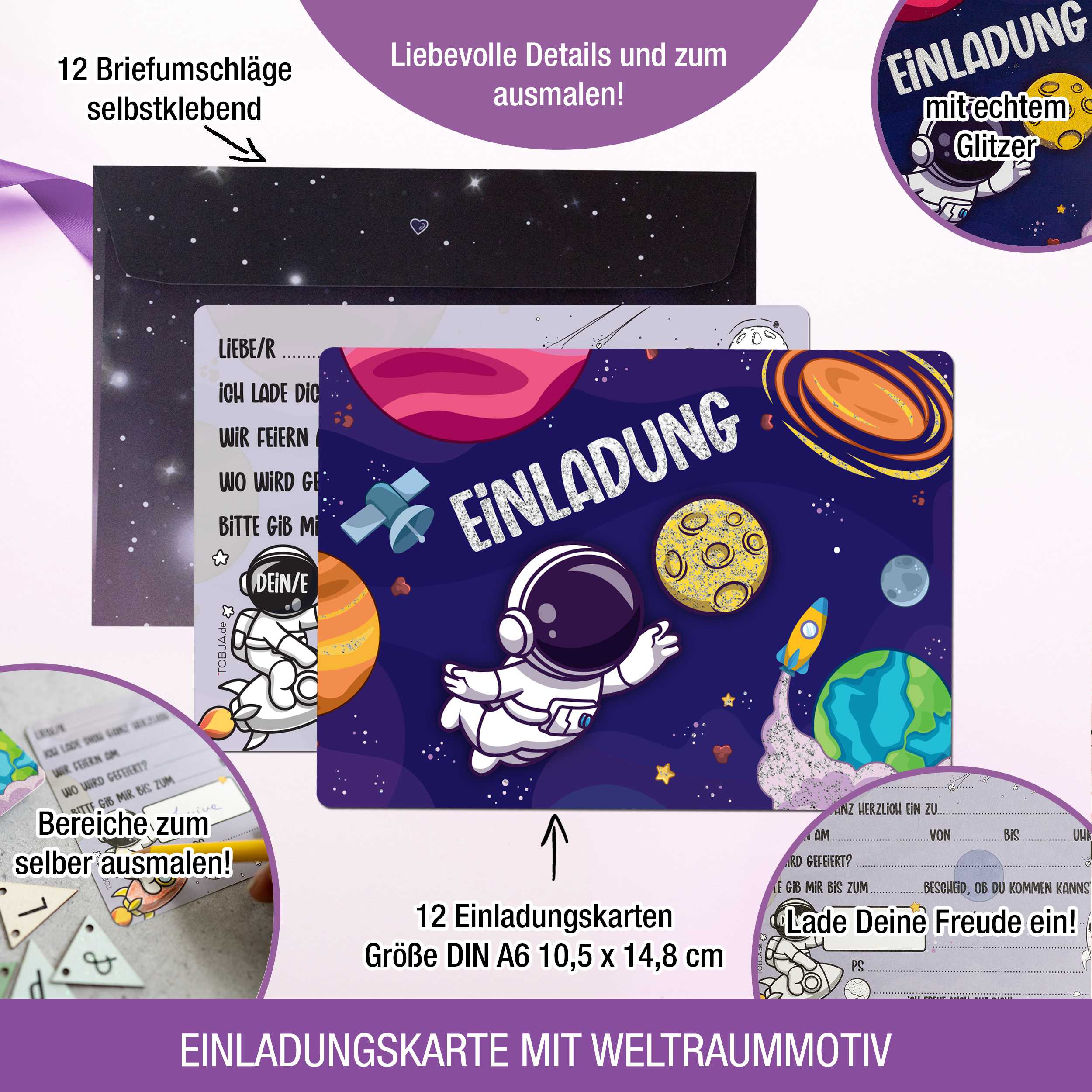 12 Einladungskarten inkl. Umschläge "Astronauten Party" 12 Einladungskarten inkl. Umschläge "Astronauten Party"